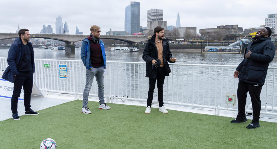 Jamie Redknapp, Freddie Flintoff, Jack Whitehall and Micah Richards in A League Of Their Own Road Trip: Loch Ness To London (Sky UK)
