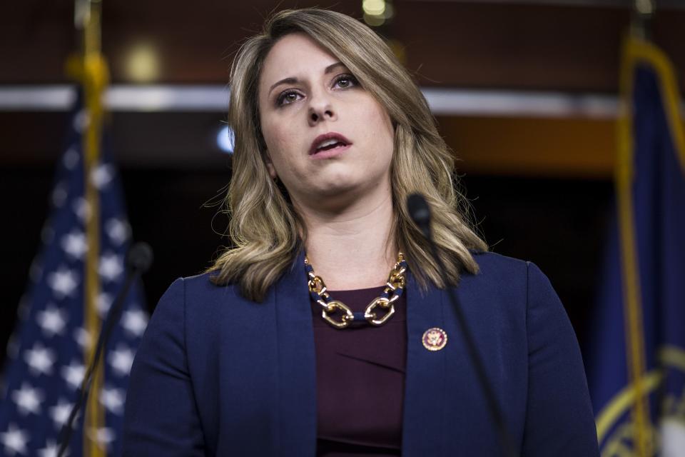 FILE - OCTOBER 27, 2019: According to reports, Rep. Katie Hill (D-CA) will resign from Congress after an investigation by the House Ethics Committee was opened into allegations of the congresswomans sexual relationships with her staff. WASHINGTON, DC - APRIL 09: Rep. Katie Hill (D-CA) speaks during a news conference on April 9, 2019 in Washington, DC. House Democrats unveiled new letters to the Attorney General, HHS Secretary, and the White House demanding the production of documents related to Americans health care in the Texas v. United States lawsuit. (Photo by Zach Gibson/Getty Images) ORG XMIT: 775326111 ORIG FILE ID: 1135977221