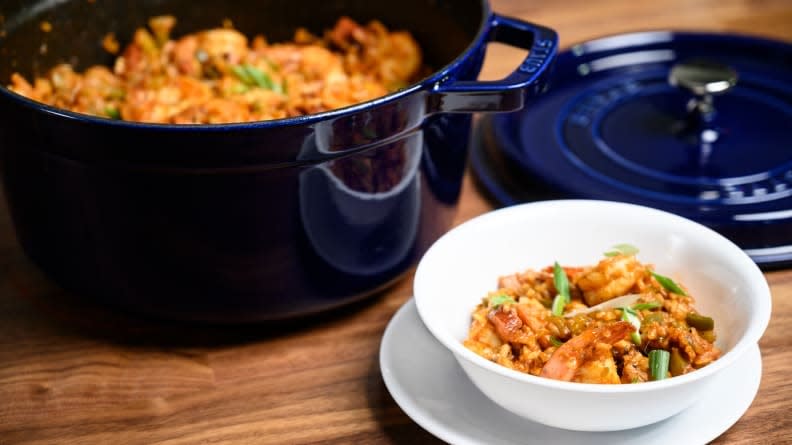 Garnish the jambalaya with diced spring onions and serve.