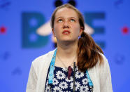 <p>Sheridan Hennessy, 11, of Cincinnati, Ohio, contemplates a word during the 2017 Scripps National Spelling Bee at National Harbor in Oxon Hill, Maryland, U.S., May 31, 2017. (Joshua Roberts/Reuters) </p>