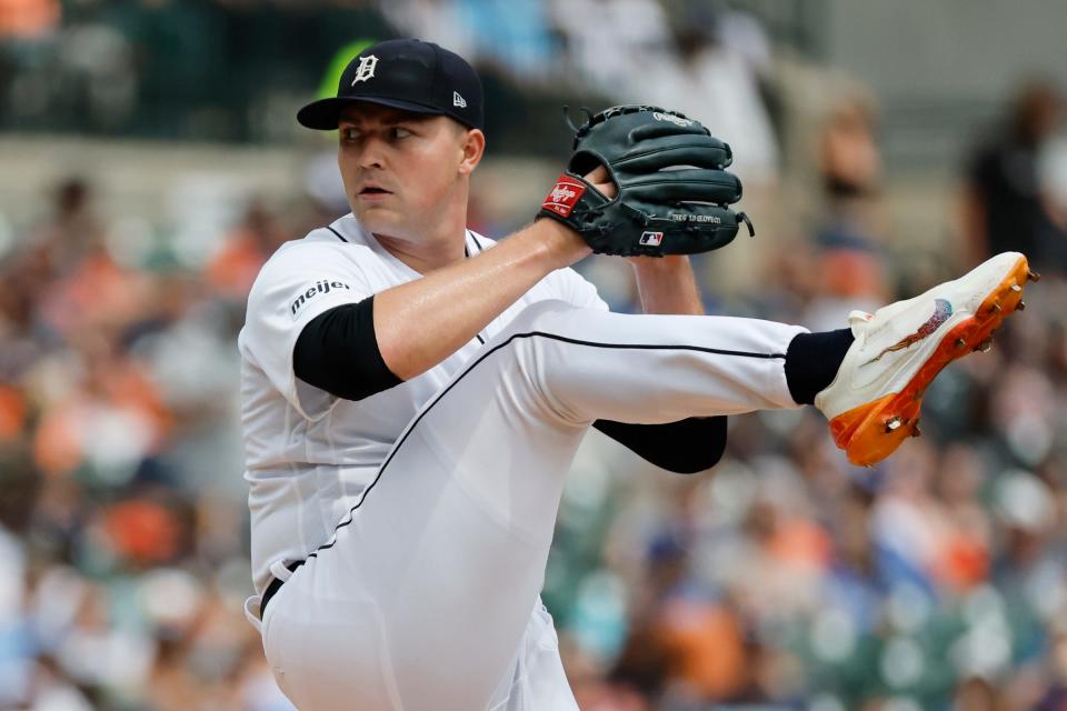 Detroit Tigers starting pitcher Tarik Skubal (29) pitches in the fourth inning against the Toronto Blue Jays at Comerica Park in Detroit, Michigan on July 9, 2023.