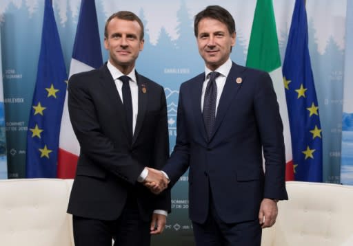 French president Emmanuel Macron (l) and Italian Prime Minister Giuseppe Conte striking a friendlier pose at the G7 summit in Canada this month