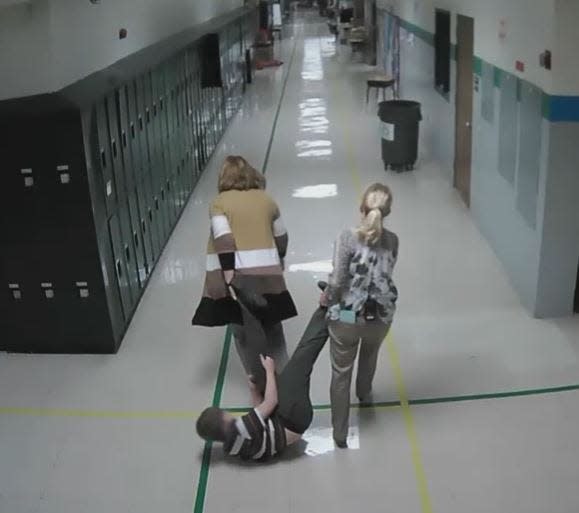 Video footage provided by Rutherford County Schools shows former Walter Hill Elementary principal Helen Campbell and educational assistant Bonnie Marlar dragging a special needs student nearly 200 yards down a hallway at the school on Nov. 4, 2019. Footage was shown at the May 26, 2022, board of education meeting.