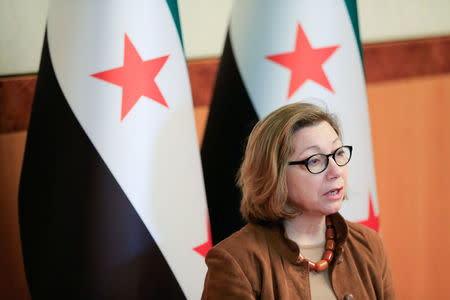 Member of the Syrian opposition negotiating delegation for the Geneva IV conference on Syria Bassma Kodmani speaks during an interview with Reuters in a hotel in Geneva, Switzerland, February 25, 2017. REUTERS/Pierre Albouy