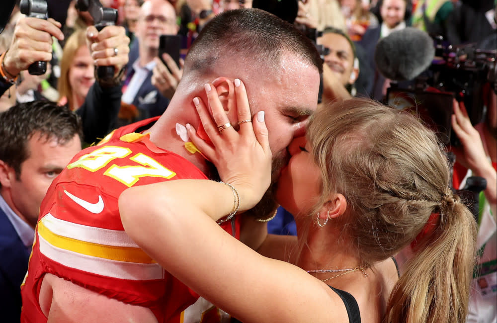 Taylor Swift and Travis Kelce at the Super Bowl Feb 2023 - Getty