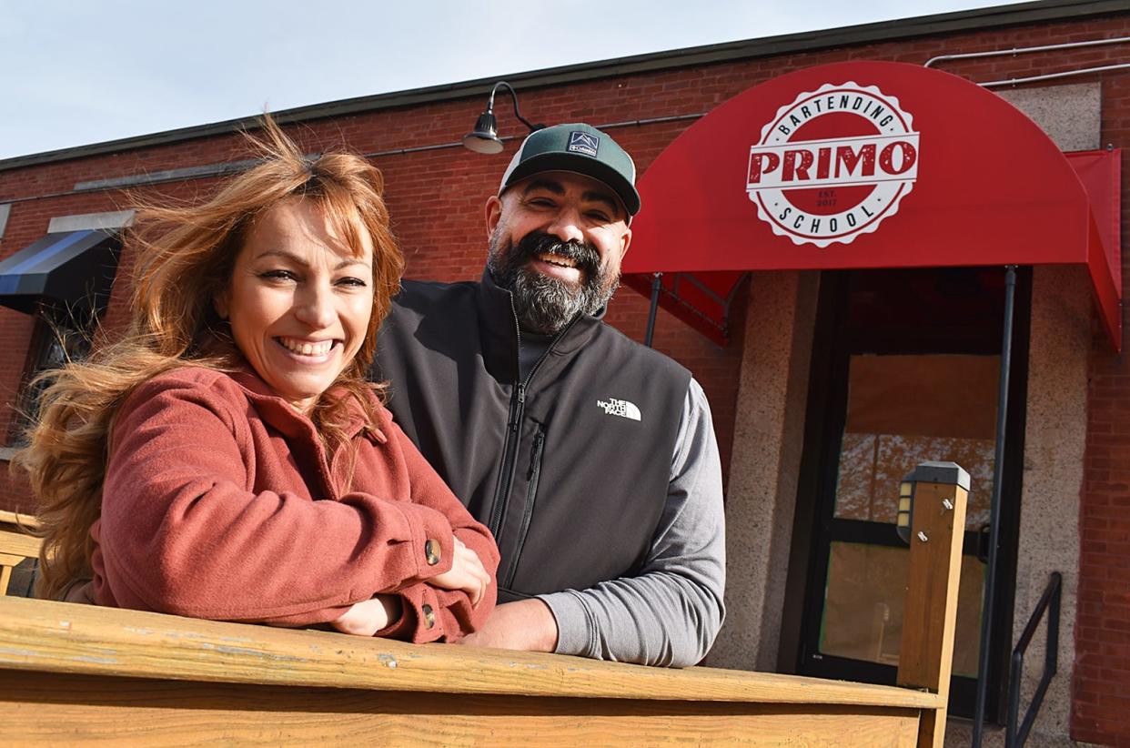 Shannon Raposo and James A. Primo III, seen here in this Nov. 17, 2023 photo, are owners of the new Primo on Water Street, set to open on the Fall River waterfront by early 2024.