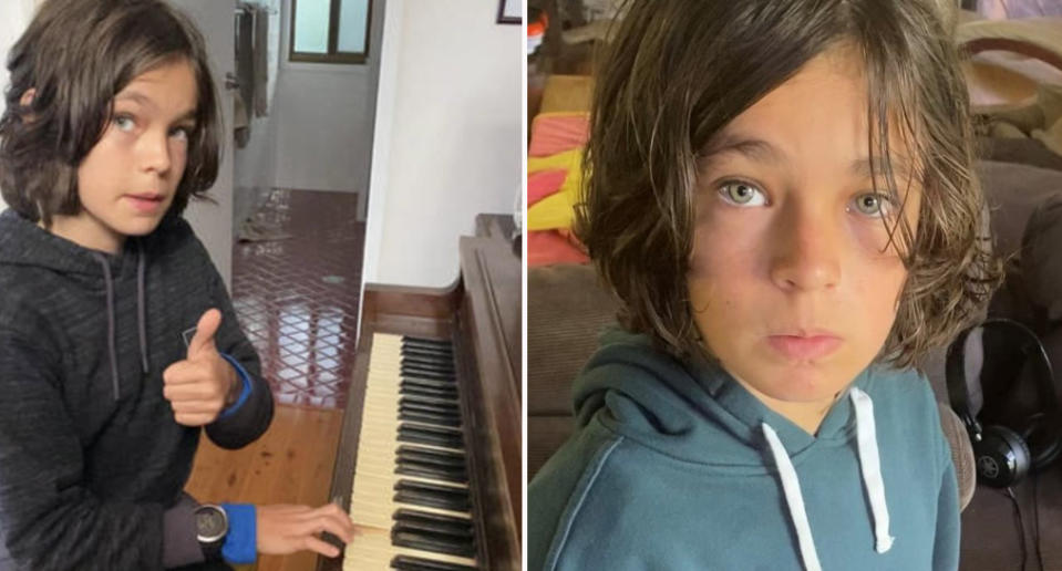 Kyan Pennell, 12, gives a thumbs up while seated at a piano. His mum has spoken out after his death.