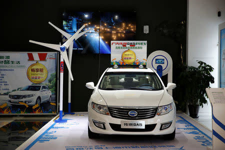 A Trumpchi GA5 hybrid electric car is displayed at an electric car dealership in Shanghai, China, January 11, 2017. REUTERS/Aly Song