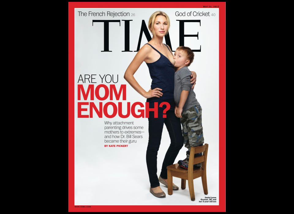 FILE - This file photo of an image provided by Time magazine shows the cover of the May 21, 2012 issue with a photograph of Jamie Lynne Grumet, 26, breast-feeding her 3-year-old son for a story on "attachment parenting." The cover photo generated a wealth of online chatter, including many mothers angered by the accompanying question: “Are You Mom Enough”? (AP Photo/Time, File)