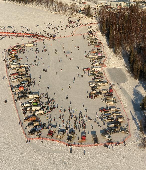 Mushers stage their teams before the start of the Iditarod Trail Sled Dog Race, Sunday, March 2, 2014, in Willow, Alaska. (AP Photo/Anchorage Daily News, Bob Hallinen)