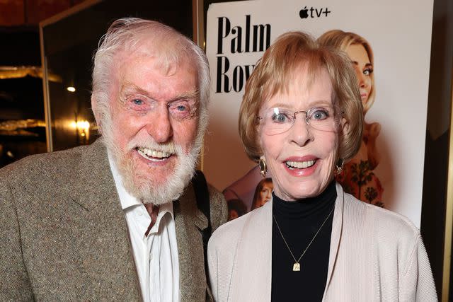 <p>Eric Charbonneau/Getty </p> Dick Van Dyke supports Carol Burnett at her hand and footprint ceremony