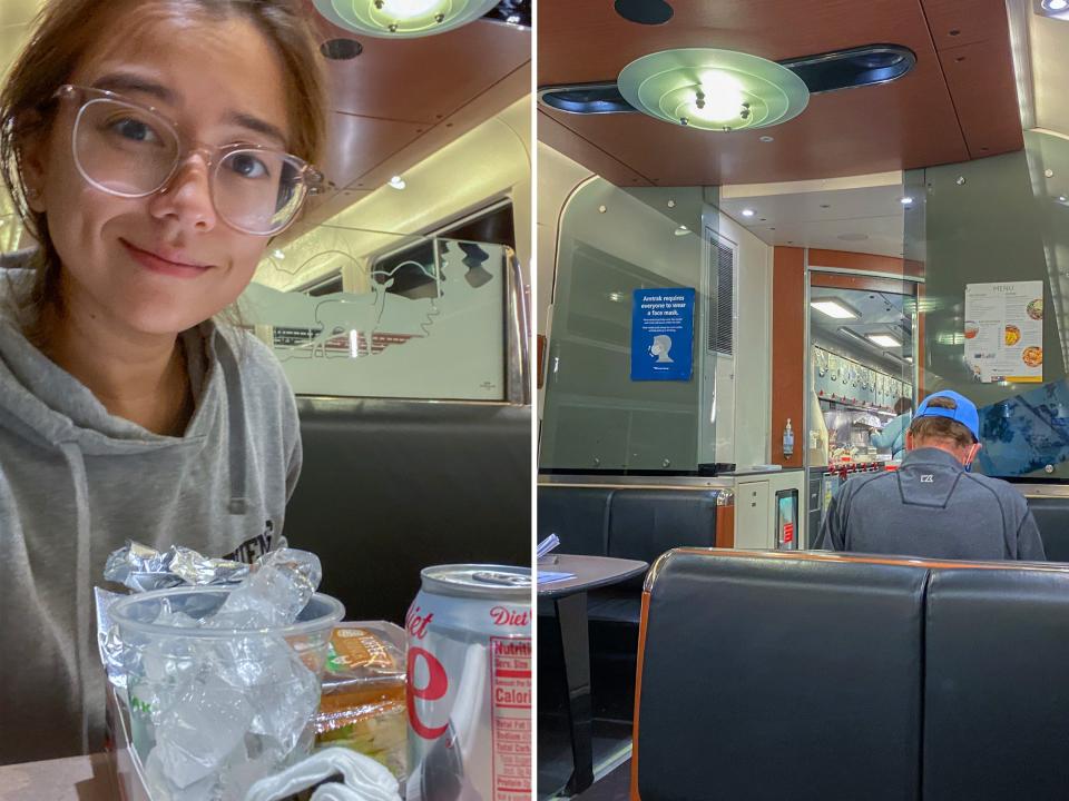 The author seats in the cafe car on an Amtrak train