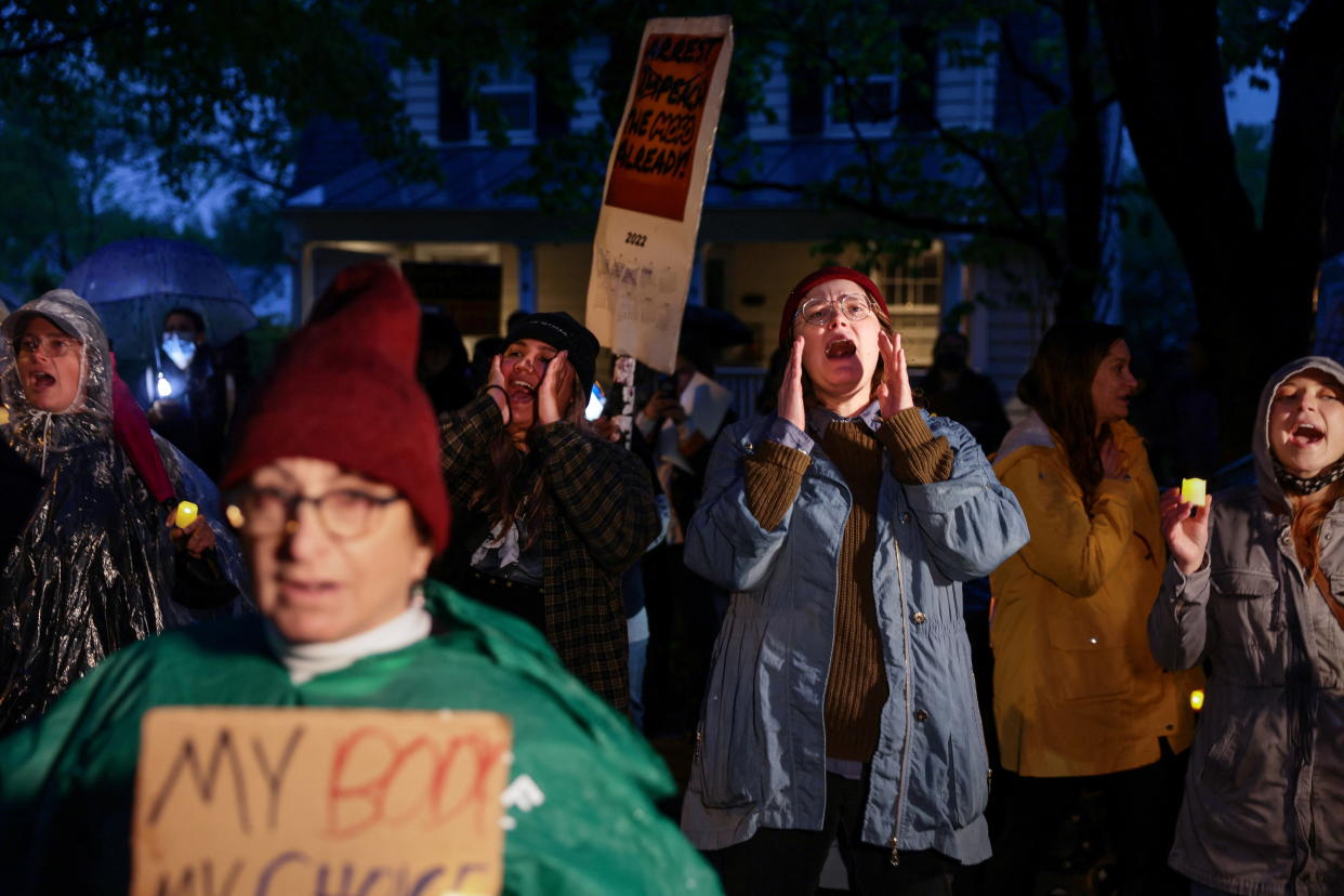 Demonstrators protest outside Supreme Court Justice Brett Kavanaugh's home in Chevy Chase, Md., on Saturday.