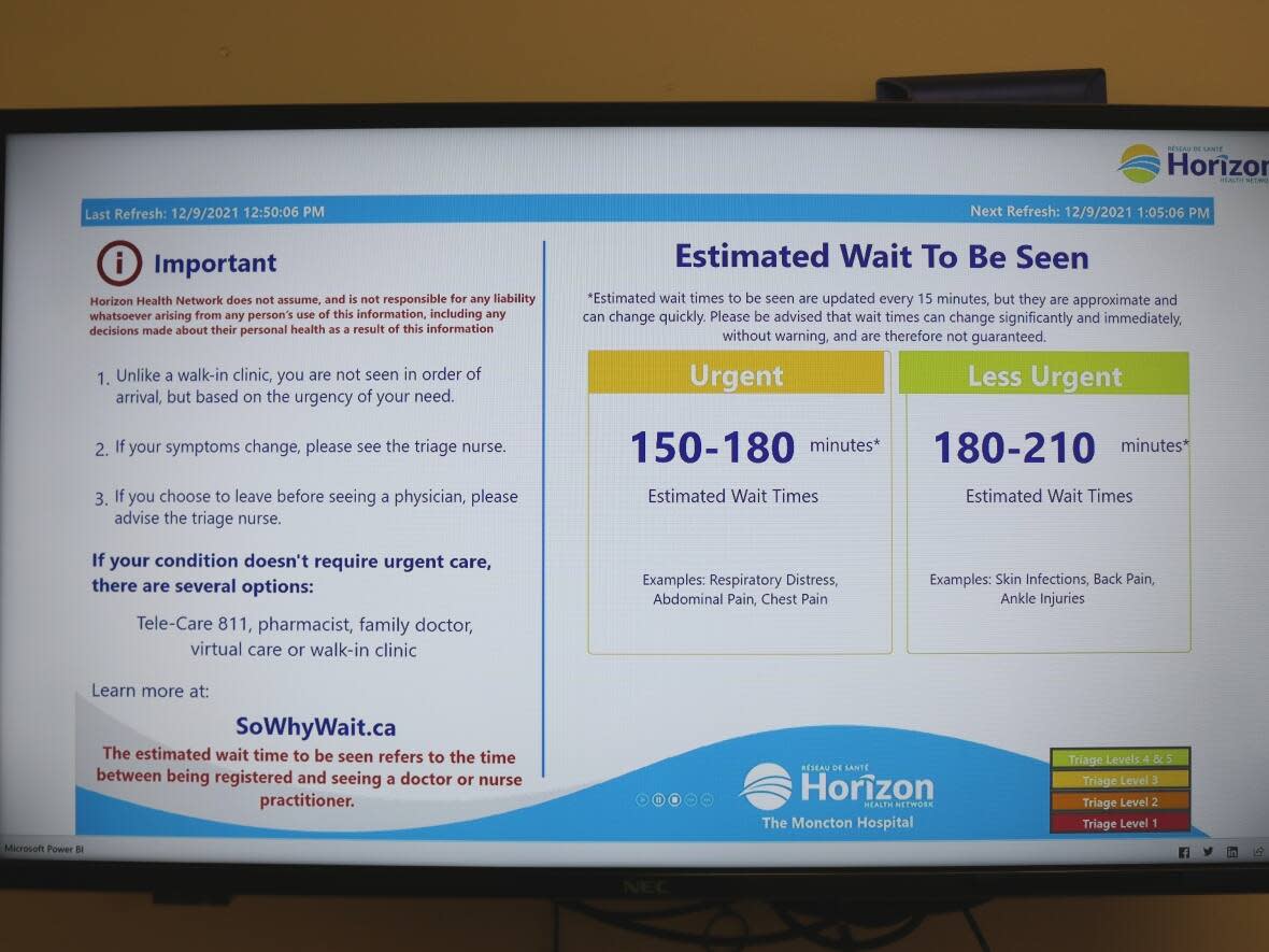 An example of the kind of information now being posted in emergency rooms at the Moncton Hospital and the Saint John Regional Hospital. Horizon Health is hoping to enlarge the pilot project to other hospitals in the province.  (Horizon Health Network - image credit)