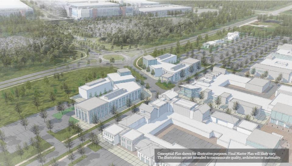This rendering shows a conceptual plan for mixed use development in Johnstown across from the Intel factory project in New Albany. The New Albany Co. has proposed a 407-acre mixed-use project within Johnstown.