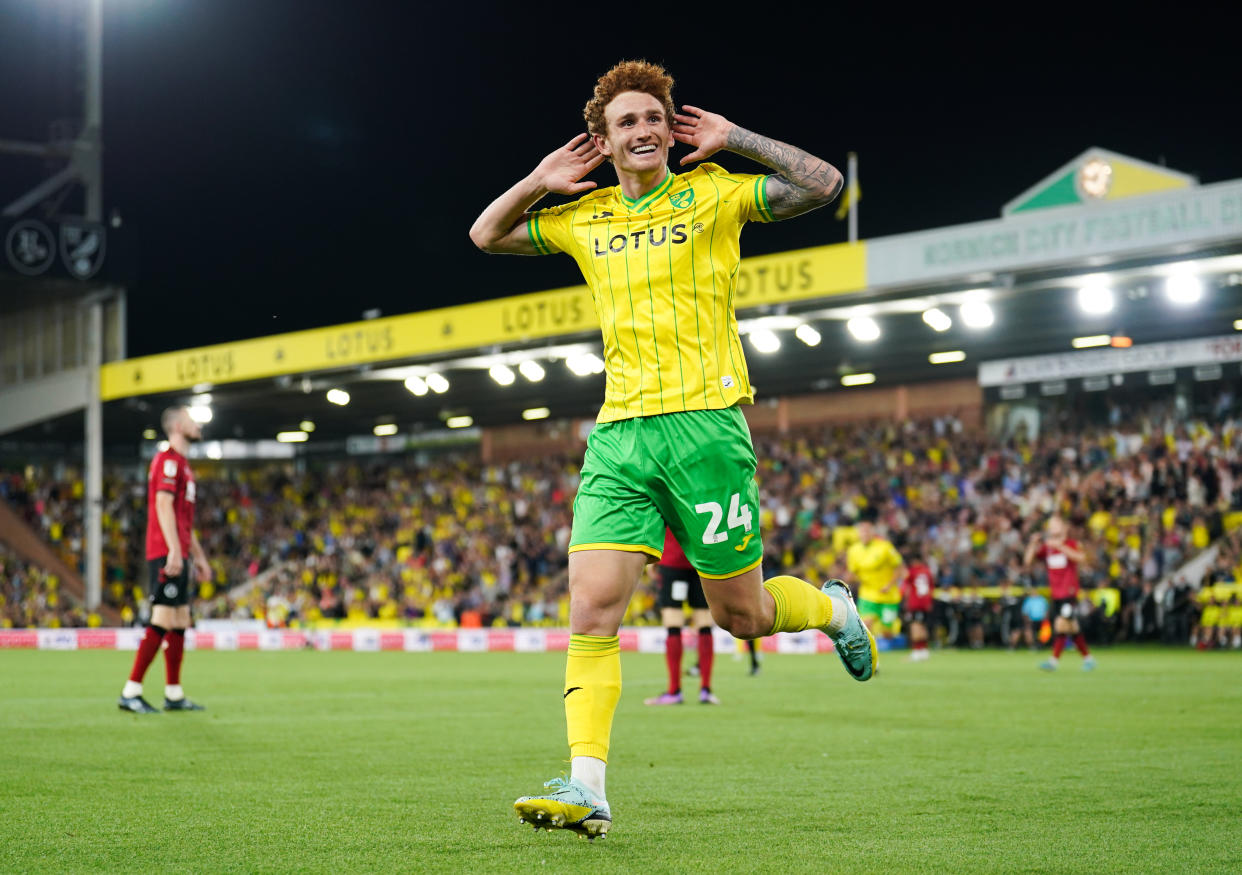 Norwich City's Josh Sargent celebrates scoring their side's first goal of the game during the Sky Bet Championship match at Carrow Road, Norwich. Picture date: Friday August 19, 2022. (Photo by Joe Giddens/PA Images via Getty Images)