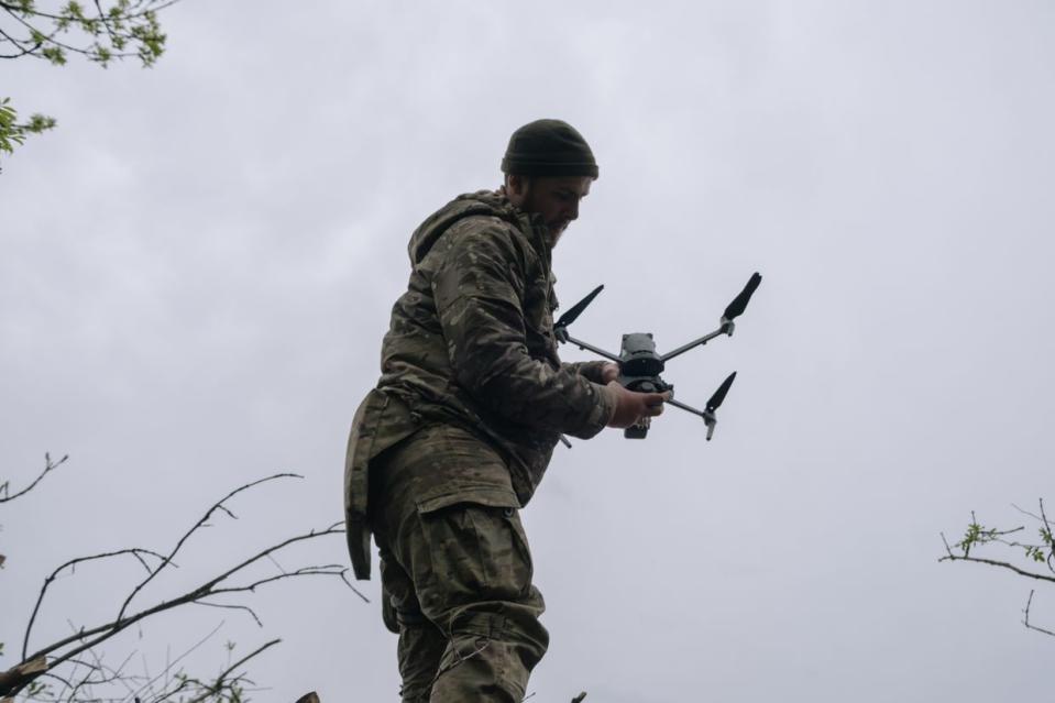 Ukrainian drone pilot Andrii “Inspector” at positions north of Chasiv Yar, Donetsk Oblast, on April 24, 2024. (Francis Farrell/The Kyiv Independent)
