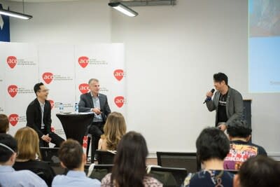 (L-R) Mr Mike Ong, Vice President, BIGO; His Excellency Samer Anton Naber, Ambassador Extraordinary and Plenipotentiary of the Hashemite Kingdom of Jordan to the Republic of Singapore; and Mr Lucian Koh, Head of Innovation and Strategic Partnerships, Action Community for Entrepreneurship; speaking during the fireside chat, with Mr Mothanna Gharaibeh, Chair of Enjez and Nova outsourcing, CEO of Fifth Advisory Services and Former Minister of Digital Economy and Entrepreneurship of Jordan.