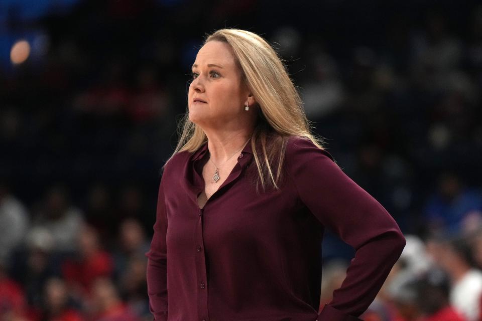 Mar 23, 2024; Spokane, WA, USA; Utah Utes head coach Lynn Roberts reacts during the first half against the South Dakota State Jackrabbits at McCarthey Athletic Center. Mandatory Credit: Kirby Lee-USA TODAY Sports