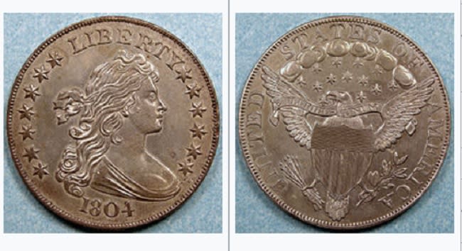 Moneda de un dólar de 1804 que fue acuñada treinta años después y que actualmente vale millones (imagen vía Wikimedia commons)