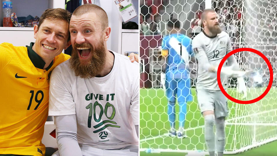 Pictured right, Socceroos goalkeeper Andrew Redmayne tosses a water bottle away that belonged to Peru's keeper.