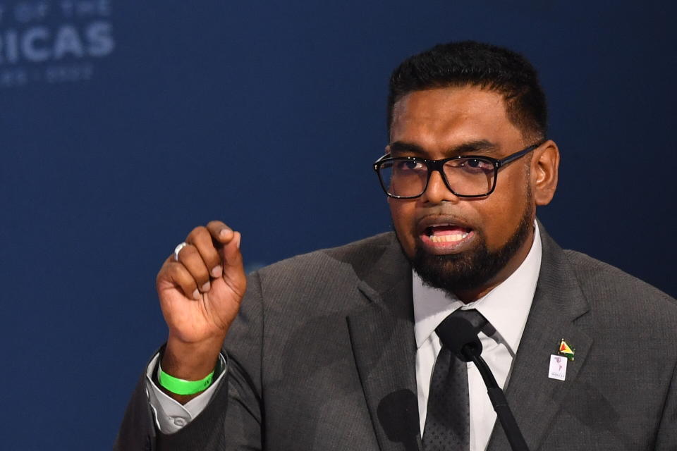 Mohamed Irfaan Ali, President of Guyana, speaks during a plenary session of the 9th Summit of the Americas in Los Angeles, California, June 10, 2022. (Photo by Patrick T. FALLON / AFP) (Photo by PATRICK T. FALLON/AFP via Getty Images)