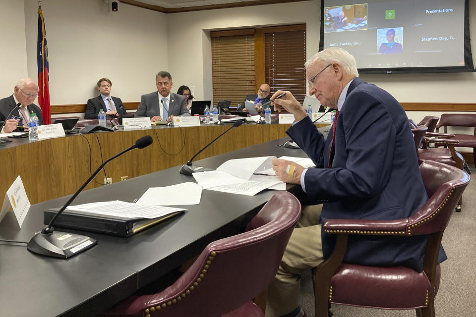 Georgia Senate Ethics Committee Chairman Max Burns, R-Sylvania, explains a bill that would ban private contributions to counties for elections, on Monday, Feb. 27, 2023, at the state Capitol in Atlanta. Burns is backing a measure that would make it easier to knock voters off the rolls based on residency questions. (AP Photo/Jeff Amy)