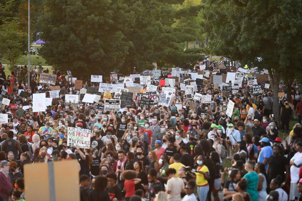 Attendees prepare to march after the Juneteenth Freedom Rally at Caswell Park in Knoxville, Friday, June 19, 2020.