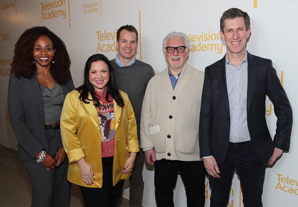 From left to right, Chairman, Universal Studio Group Pearlena Igbokwe, Writer/Executive Producer Director Actress Gloria Calderon Kellett, Casey Bloys, Chairman and CEO, HBO and HBO Max Content, Television Academy Chairman and CEO Frank Scherma, and President of ABC Entertainment, Hulu and Disney Branded Television Streaming Originals Craig Erwich pose together before Scherma moderates the exclusive event, A Frank Conversation….About the State of the Business at the Wolf Theatre of the Saban Media Center on Tuesday, Feb. 28, 2023 in Los Angeles.