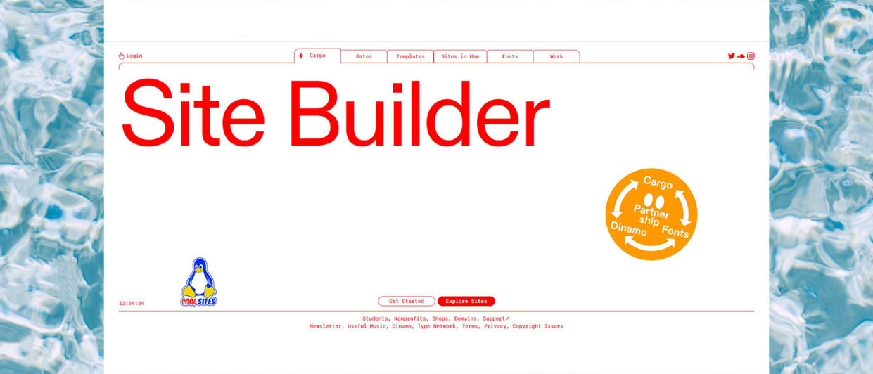  Cargo website builder homepage on a water print background. 