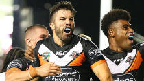 Tedesco scored a scintillating hat-trick in the Wests Tigers' thumping victory over the Sea Eagles.