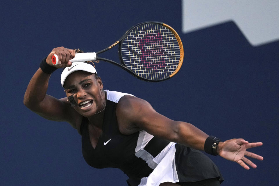 Serena Williams, of the United States, watches a return to Belinda Bencic, of Switzerland, during the National Bank Open tennis tournament Wednesday, Aug. 10, 2022, in Toronto. (Chris Young/The Canadian Press via AP)