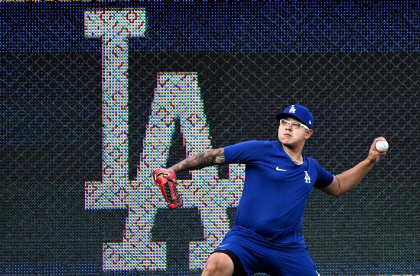 Los Angeles, California October10, 2022-Dodgers pitcher Julio Urias throws a day.