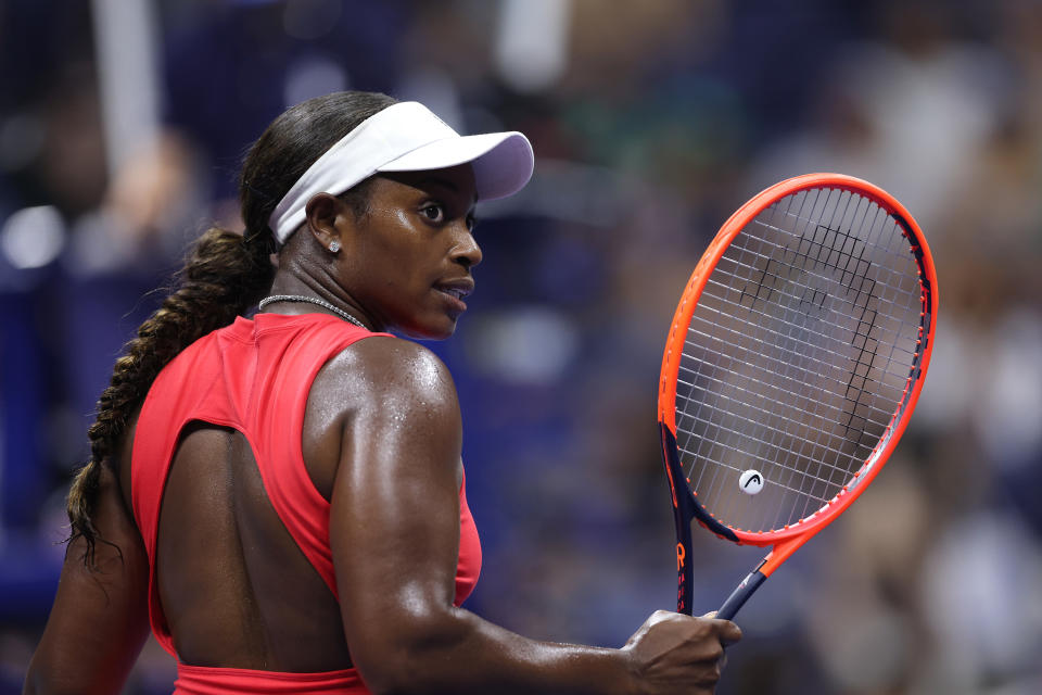 NEW YORK, NEW YORK - AUGUST 26: Sloane Stephens of the United States reacts after a point against Clara Burel of France during their women's singles first round match on day one of the 2024 US Open at the USTA Billie Jean King National Tennis Center on August 26, 2024 in the Flushing neighborhood of Queens in New York City. (Photo by Jamie Squire/Getty Images)