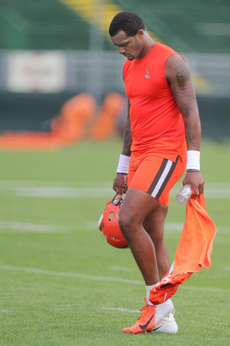 Cleveland Browns quarterback Deshaun Watson heads for the locker room after working out during training camp on Friday, July 29, 2022, in Berea.