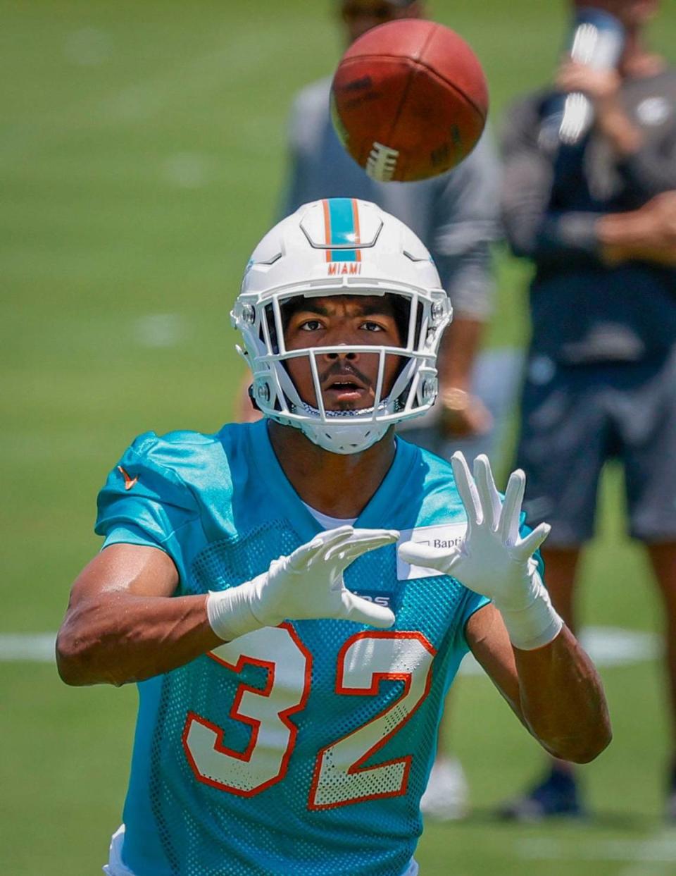 Miami Dolphins safety Patrick McMorris catches the ball during practice at the Baptist Health Training Complex in Miami Gardens, Florida.