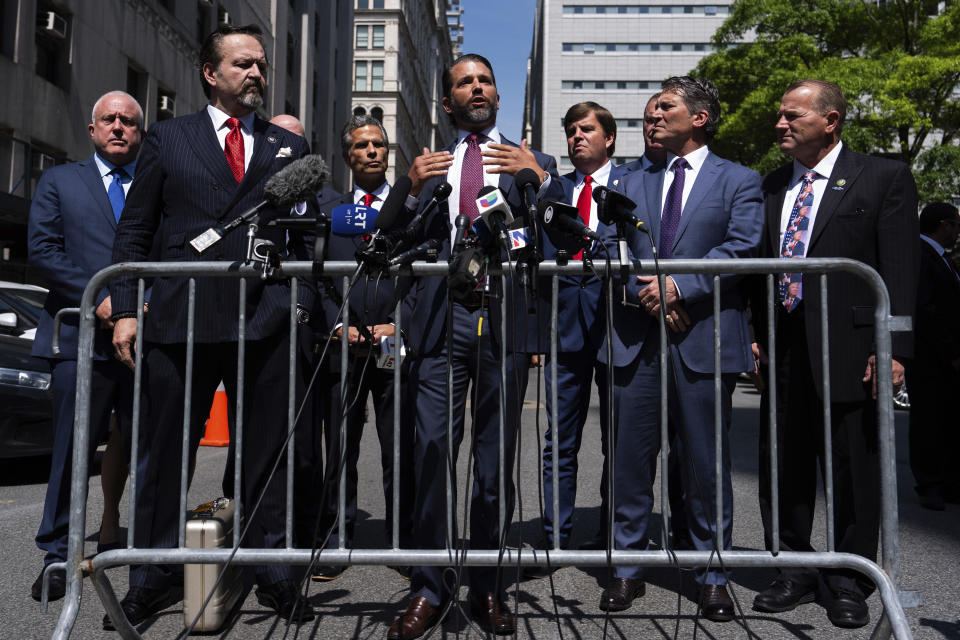 Donald Trump Jr. speaks outside Manhattan criminal court, Tuesday, May 21, 2024, in New York. (AP Photo/Julia Nikhinson)