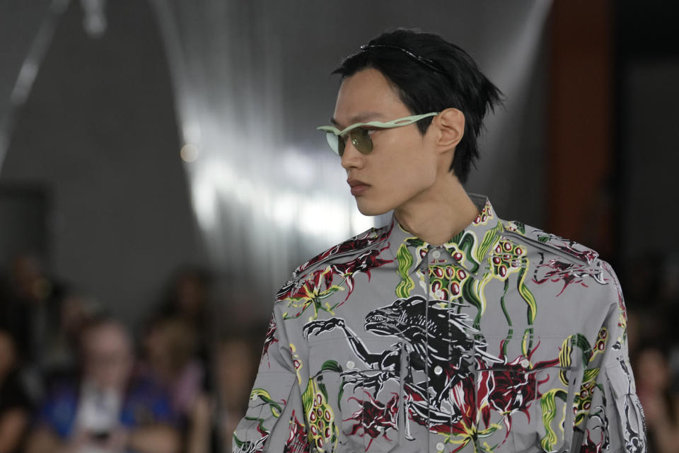 A model wears a creation as part of the Prada men's Spring Summer 2024 collection presented in Milan, Italy, Sunday, June 18, 2023. (AP Photo/Luca Bruno)