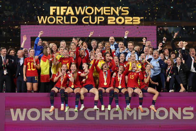 <p>Catherine Ivill/Getty</p> Queen Letizia of Spain celebrates World Cup win with team on August 20, 2023