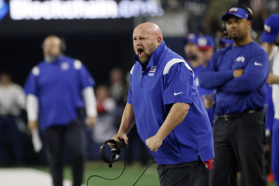 New York Giants coach Brian Daboll yells toward the officials during the first half of an NFL football game against the Dallas Cowboys Thursday, Nov. 24, 2022, in Arlington, Texas. (AP Photo/Michael Ainsworth)