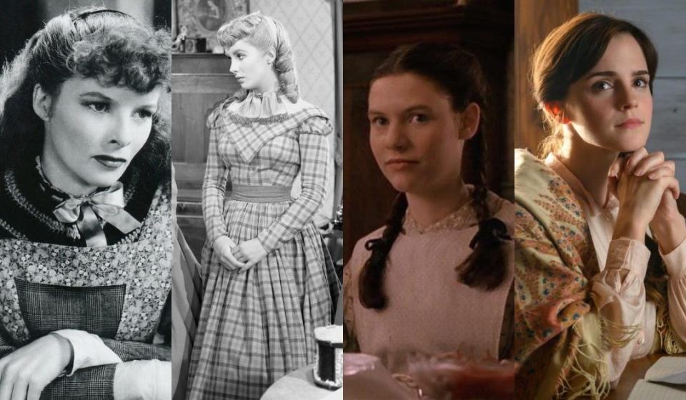 From left, Katharine Hepburn as Jo March in 1933's "Little Women," Elizabeth Taylor as Amy March in 1949's "Little Women," Claire Danes as Beth March in 1994's "Little Women" and Emma Watson as Meg March in 2019's "Little Women." The films are adapted from the coming-of-age 1868 novel written by Louisa May Alcott.