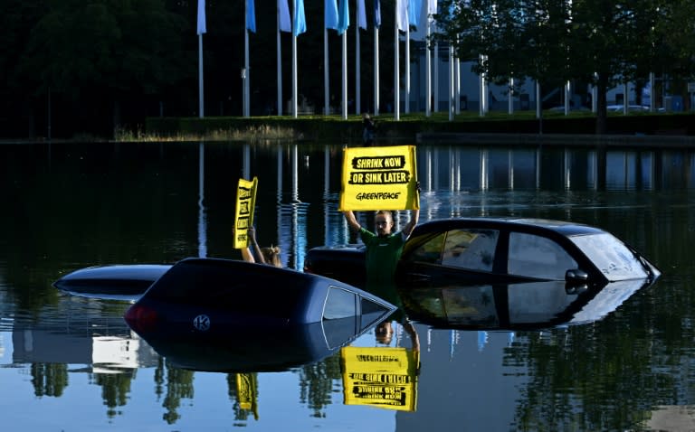Greenpeace activists submerged three cars in a small lake outside the IAA convention centre (Christof STACHE)