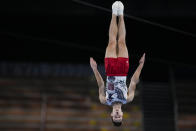 Aliaksei Shostak, of United States, competes in the men's trampoline gymnastics qualifier at the 2020 Summer Olympics, Saturday, July 31, 2021, in Tokyo. (AP Photo/Natacha Pisarenko)