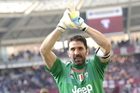 Juventus' goalkeeper Gianluigi Buffon celebrates at the end of the match. Torino v Juventus - Italian Serie A - Olympic Stadium, Turin, Italy - 20/03/16. REUTERS/Giorgio Perottino