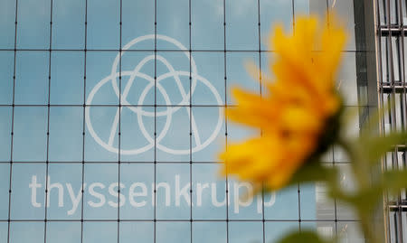 FILE PHOTO: A sunflower is seen in front of the ThyssenKrupp AG headquarters in Essen, Germany, September 20, 2017. REUTERS/Wolfgang Rattay/File Photo