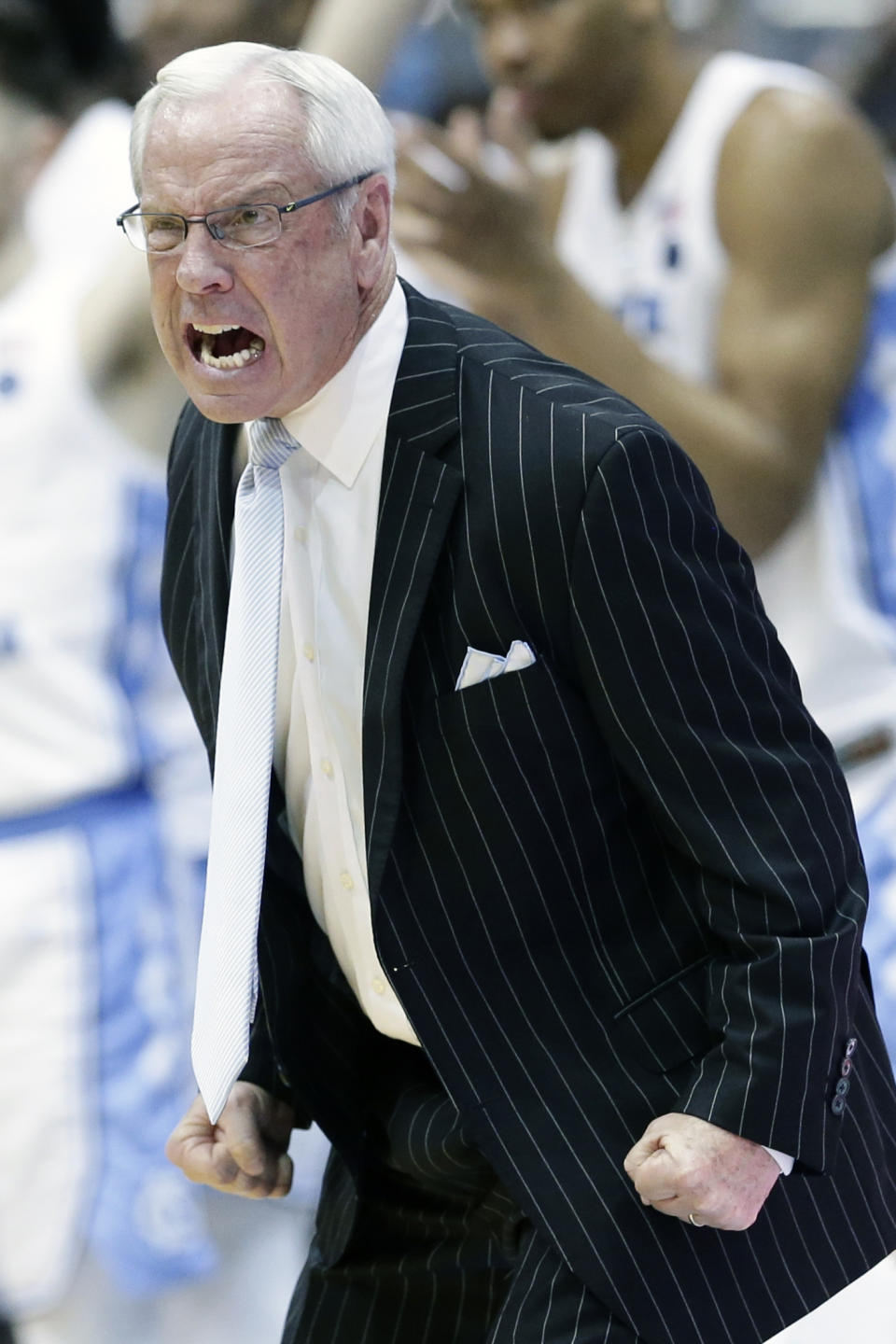 FILE - In this March 9, 2019, file photo, North Carolina head coach Roy Williams reacts during the second half of an NCAA college basketball game against Duke, in Chapel Hill, N.C. The Hall of Fame coach is leading a team picked to finish second in the Atlantic Coast Conference. (AP Photo/Gerry Broome, File)