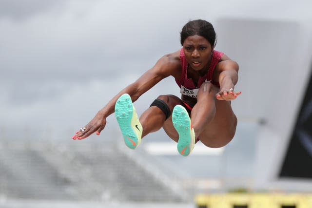 Sweden’s Khaddi Sagnia competes in the women’s long jump at the Prefontaine Classic in Eugene