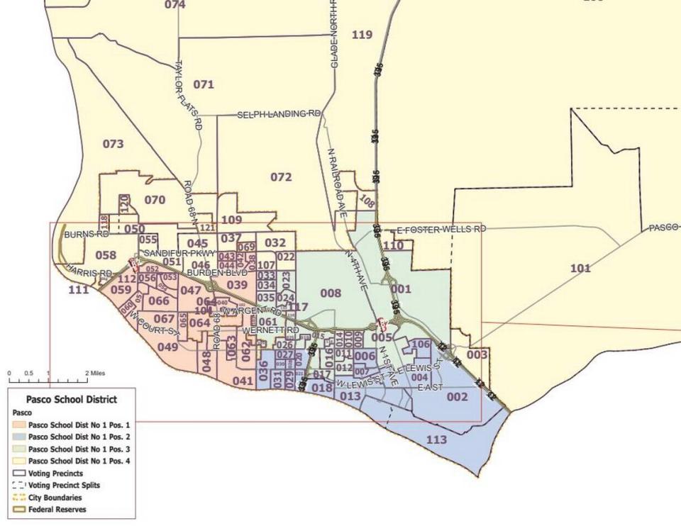 Five representatives serve on the Pasco School Board. Four of them represent voters of a specific director district, while one seat represents the district on an at-large basis.