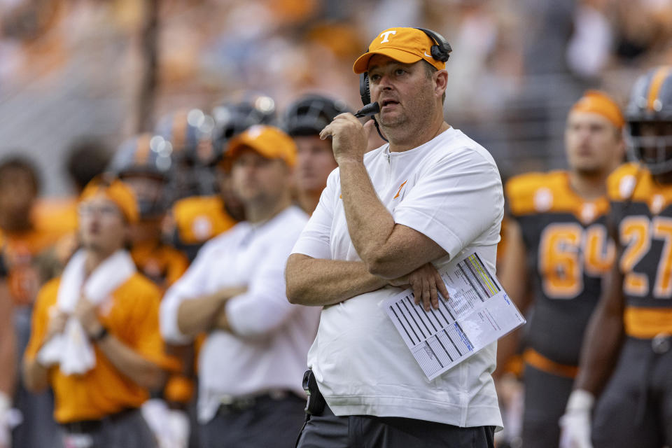 FILE - Tennessee coach Josh Heupel watches play during the eam's NCAA college football game against Austin Peay on Sept. 9, 2023, in Knoxville, Tenn. The Southeastern Conference gathered for its annual spring meetings this week with news of a landmark $2.8 billion settlement that will transform how athletes are compensated still reverberating through college sports. “Came in with a lot of question, leaving with a lot more,” Heupel said Wednesday, May 29. (AP Photo/Wade Payne, File)