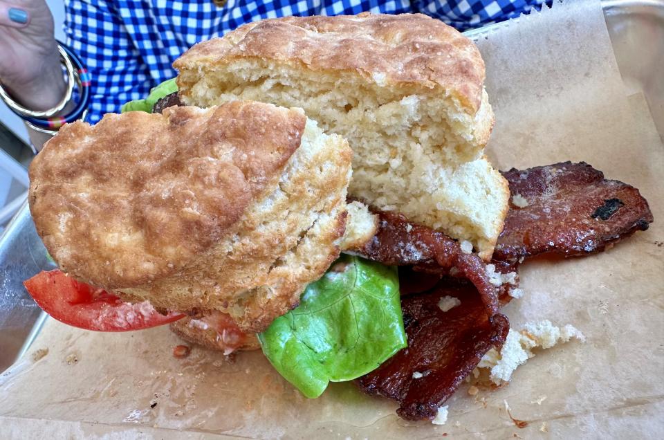 At Grumpy’s Biscuits in Melbourne, everything but the beverages and the salad comes on biscuits. Pictured: the BLT.